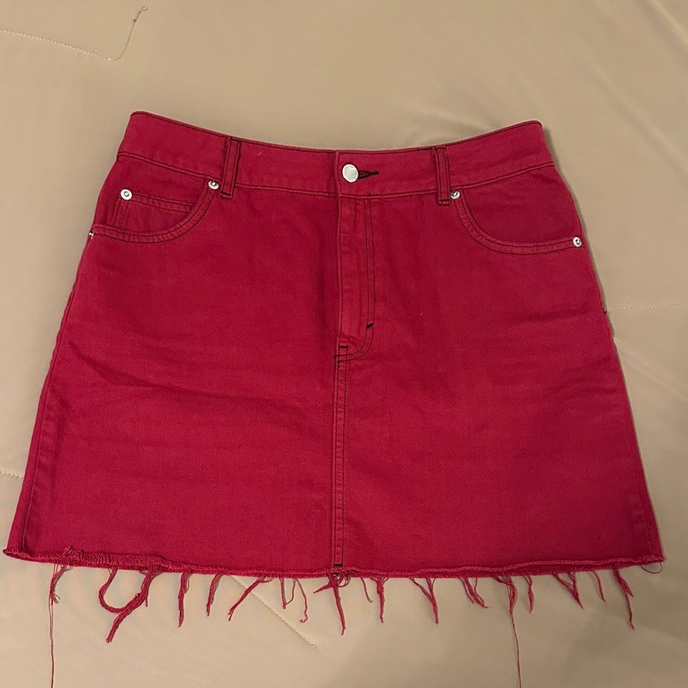 Topshop Moto Raw Hem Denim Cherry Red Mini Skirt – Size 8